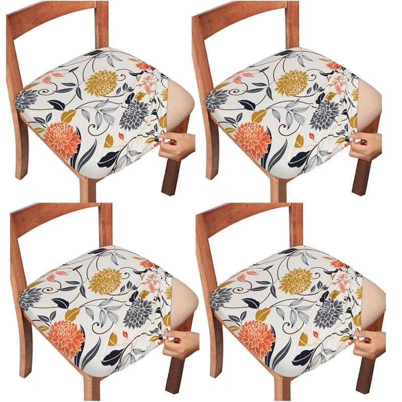 Gute Chair Seat Covers,Stretch Printed Chair Covers with Elastic Ties and Button,Removable Washable Dining Upholstered Chair Protector Seat Cushion Slipcovers for Dining Room,Office(Flower,Pack-4) - Image 5